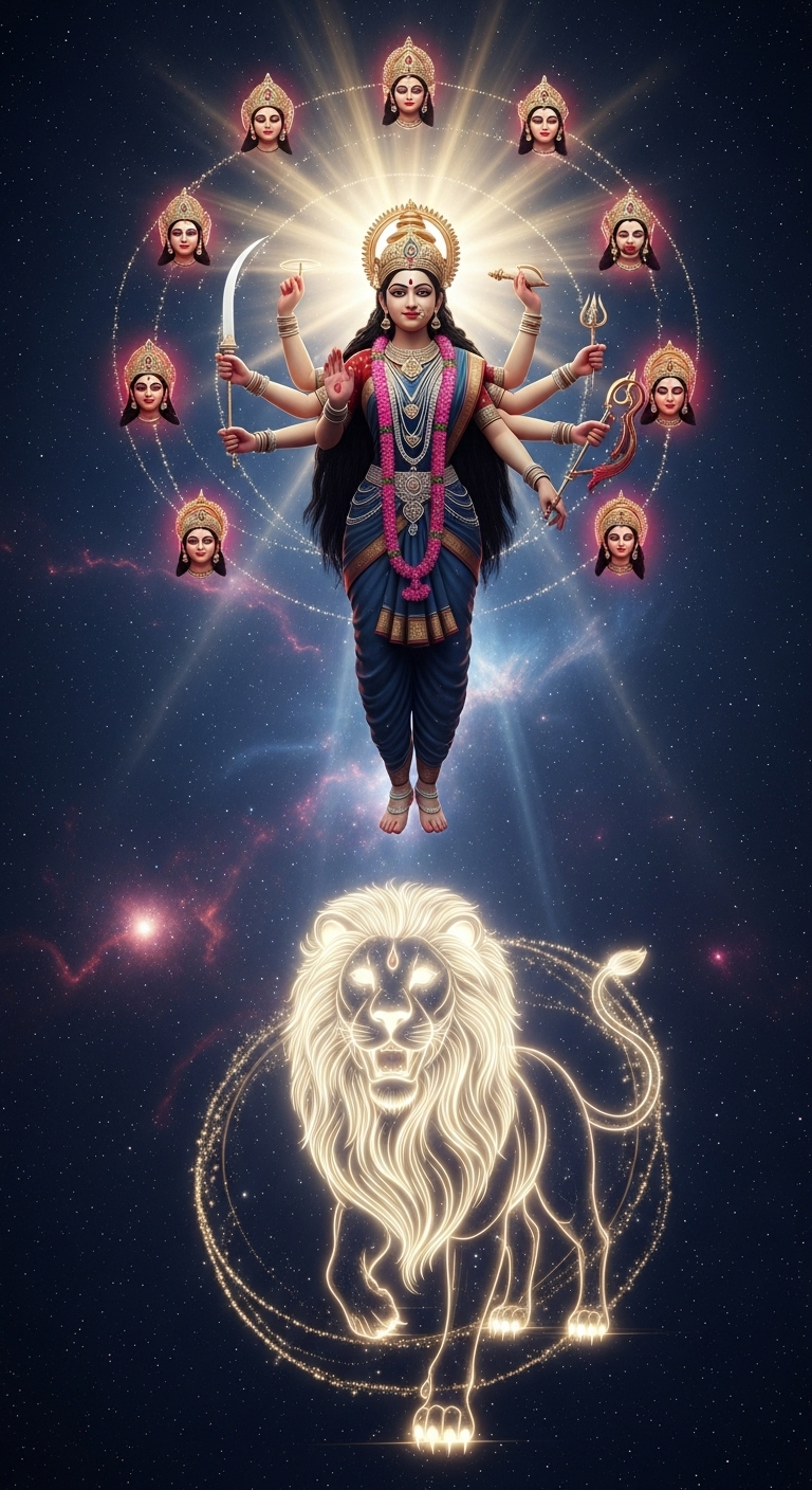 Celestial Nav Durga: Cosmic Goddess with Lion
